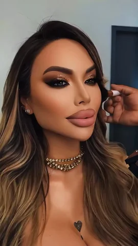 Sasha with a dark smoky eye and glossy nude lips.