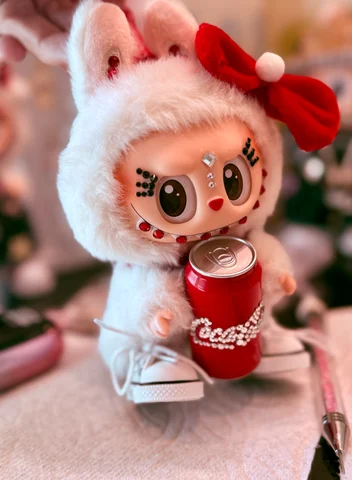 Labubu Nº 13: a big red bow with a pom-pom, crystal lashes and a cola can.