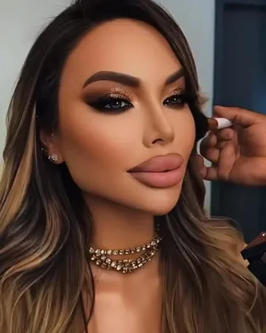 Sasha in bronze glam, a hand touching up her look.