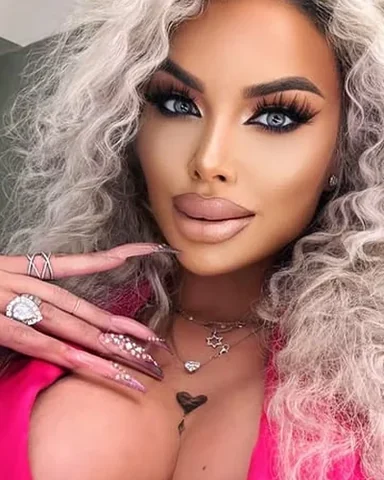 Sasha in pink with silver curls and long pink nails.